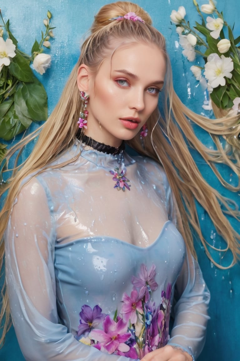 Generate hyper realistic image of a wet woman with wet long blonde hair adorned with a delicate hair flower. Her piercing...