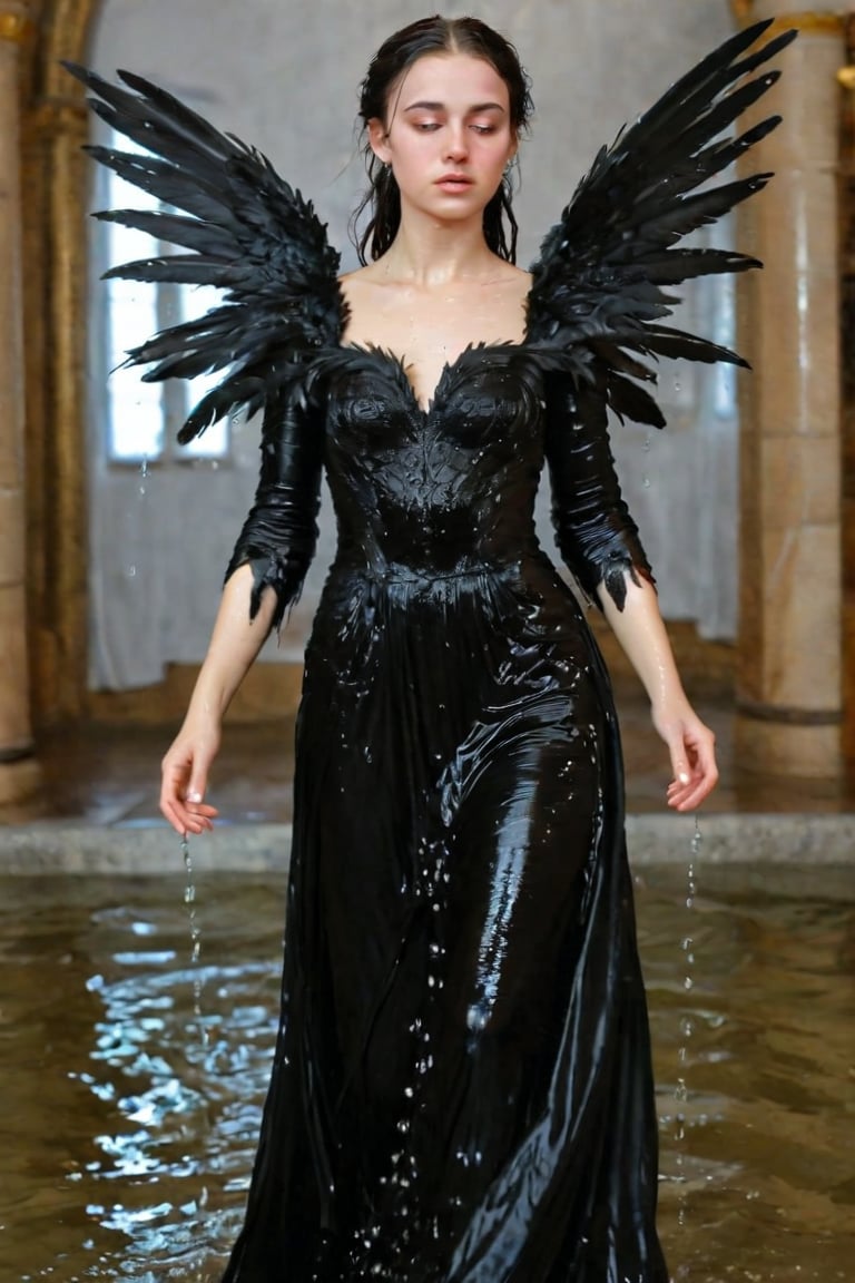 A girl wearing a long black wedding dress, church, baroque style, detailed feathers, huge wings, big scene, super realistic, soakingwetclothes, wet clothes, wet hair, wet skin, wet, soaked , wet face.face focused