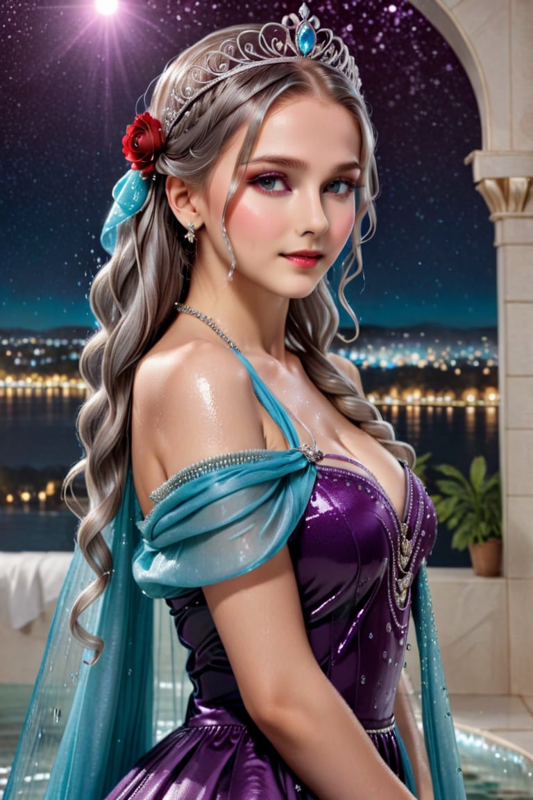 (Masterpiece:1.3), (Best Quality:1.3), (high resolution), (intricate details), (toned), uhd, (ultra_detailed)), (perfect face), (cute face), 1girl, solo, wet silver hair, blue eyes, very long wet hair, crown headband, Blush, calm smile, shiny lips, closed mouth, front look, wet straight arms, princess wearing beautiful wet red embroidery and jeweled gorgeous princess wet red ballgown with voluminous full length wet hoop skirt, voluminous frills, (beautiful red lace), breasts, wet Lush skin, wet shiny hair, Glowing eyes, absurdly voluminous Curly wet hair, absurdly Long wet Hair)), (finely detailed face and eye), clear pupil, (bling-bling gorgeousfull jeweled tiara), ((bling-bling gorgeous gemstone jewelry)), standing, looking at viewer, indoors, bedroom, night time, night sky, starry sky, kingdom background, fantasy, hair flowers, flower petals flowing hair, wet clothes, wet hair, wet skin, wet_clothing,soakingwetclothes, cotton, wet clothes cling to body, draped with a shawl,Pakistani dress