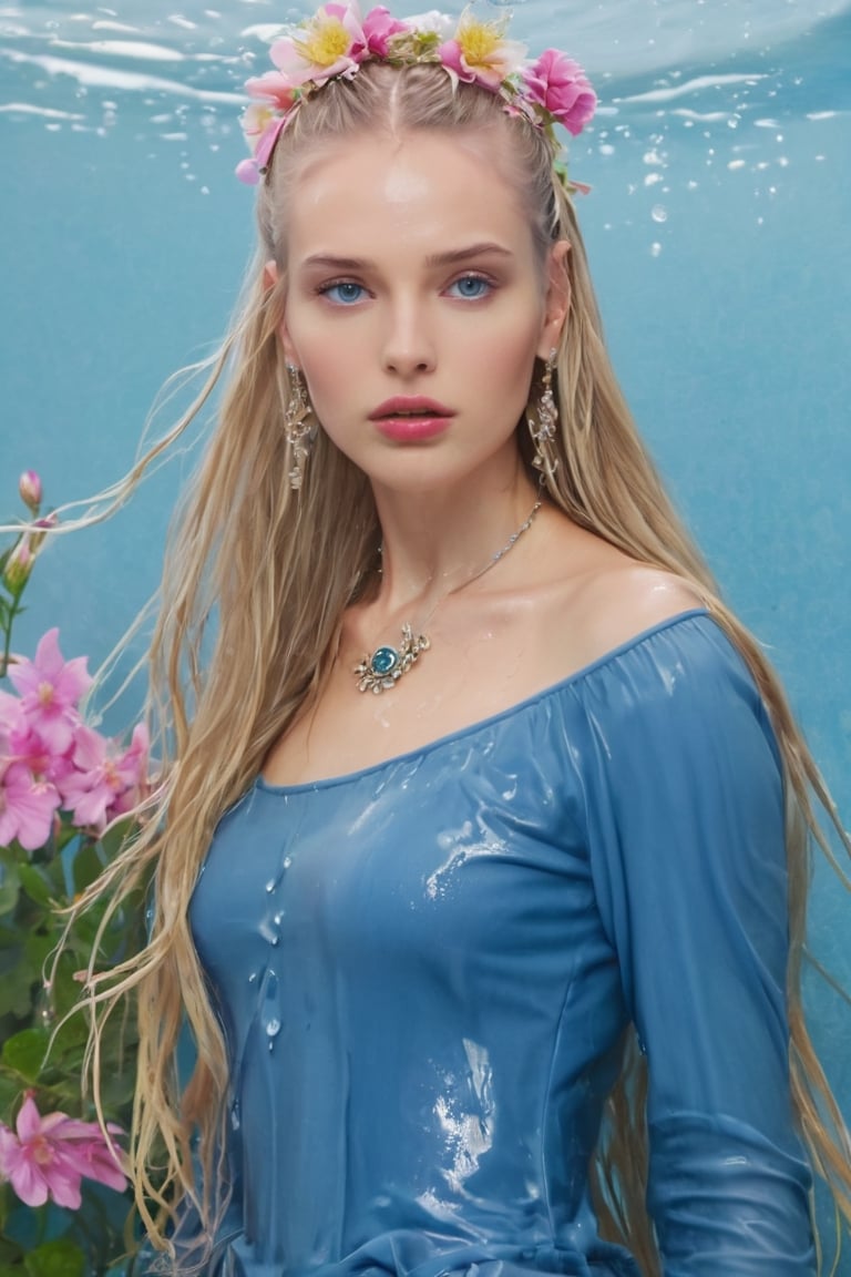 Generate hyper realistic image of a wet woman with wet long blonde hair adorned with a delicate hair flower. Her piercing...