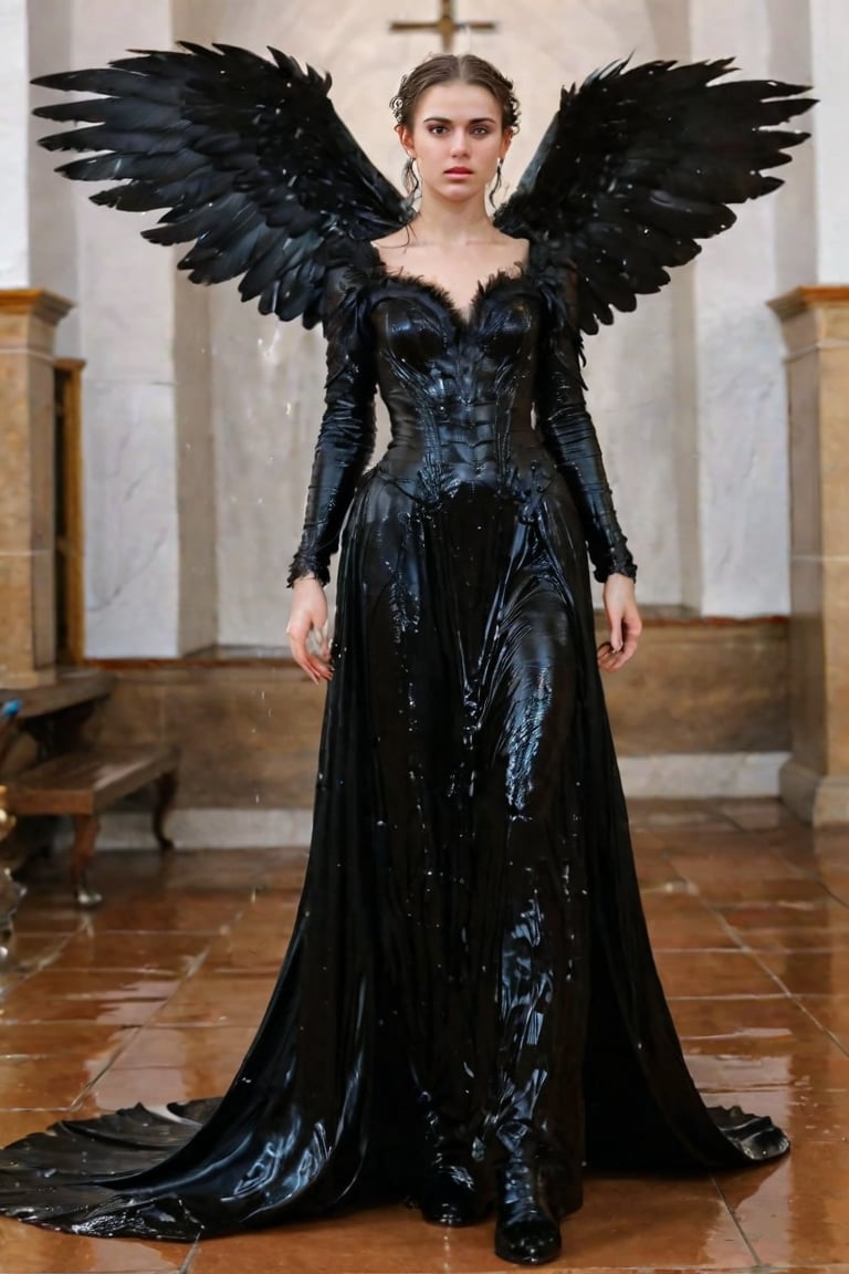 A girl wearing a long black wedding dress, church, baroque style, detailed feathers, huge wings, full body, big scene, super realistic, boots , soakingwetclothes, wet clothes, wet hair, wet skin, wet, soaked , wet face.face focused