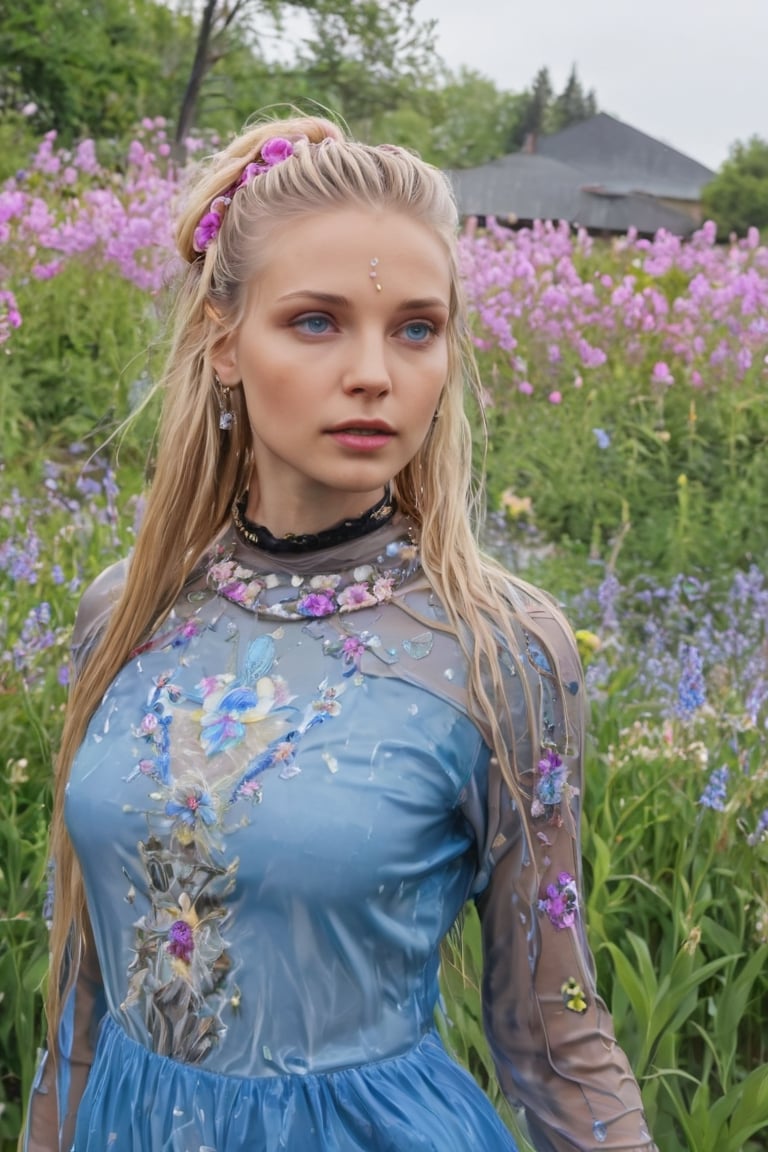 Generate hyper realistic image of a wet woman with wet long blonde hair adorned with a delicate hair flower. Her piercing...