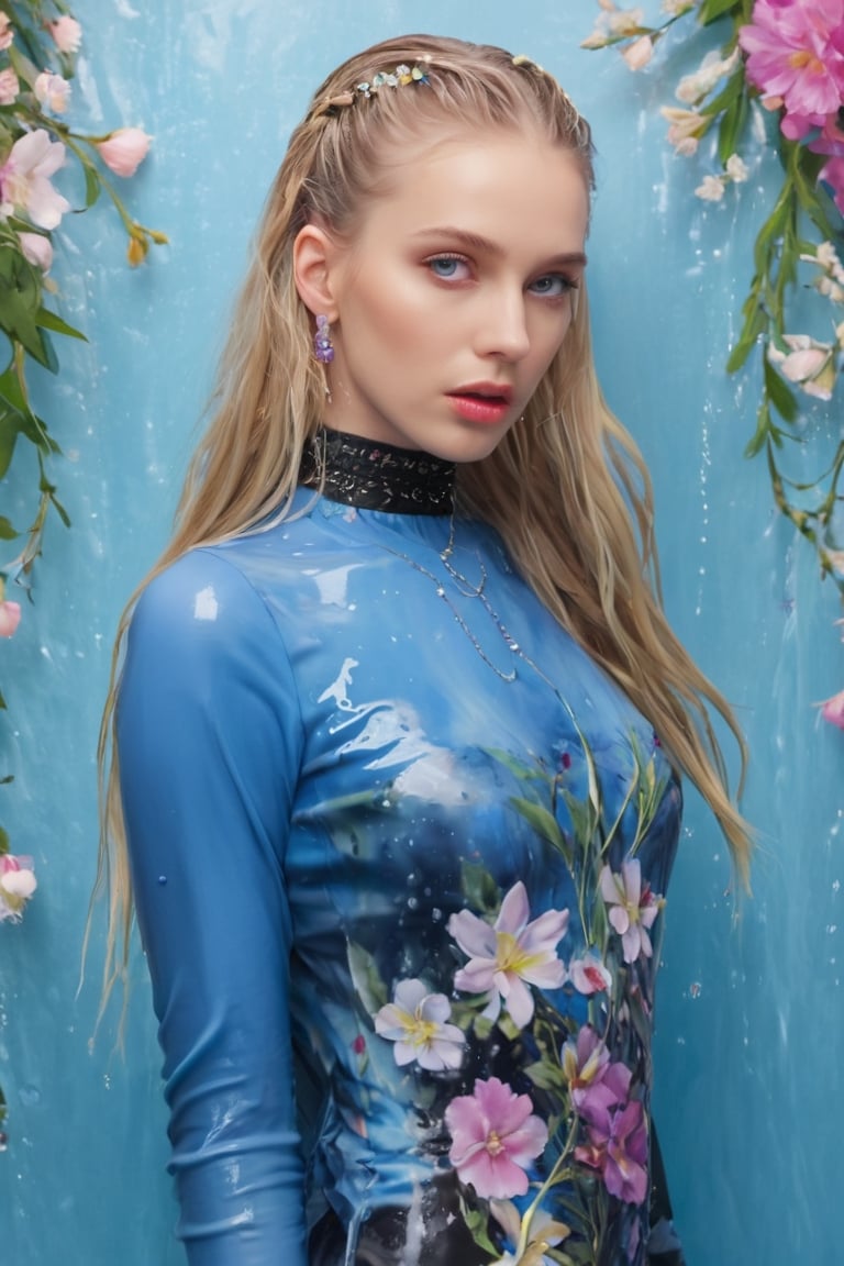 Generate hyper realistic image of a wet woman with wet long blonde hair adorned with a delicate hair flower. Her piercing...