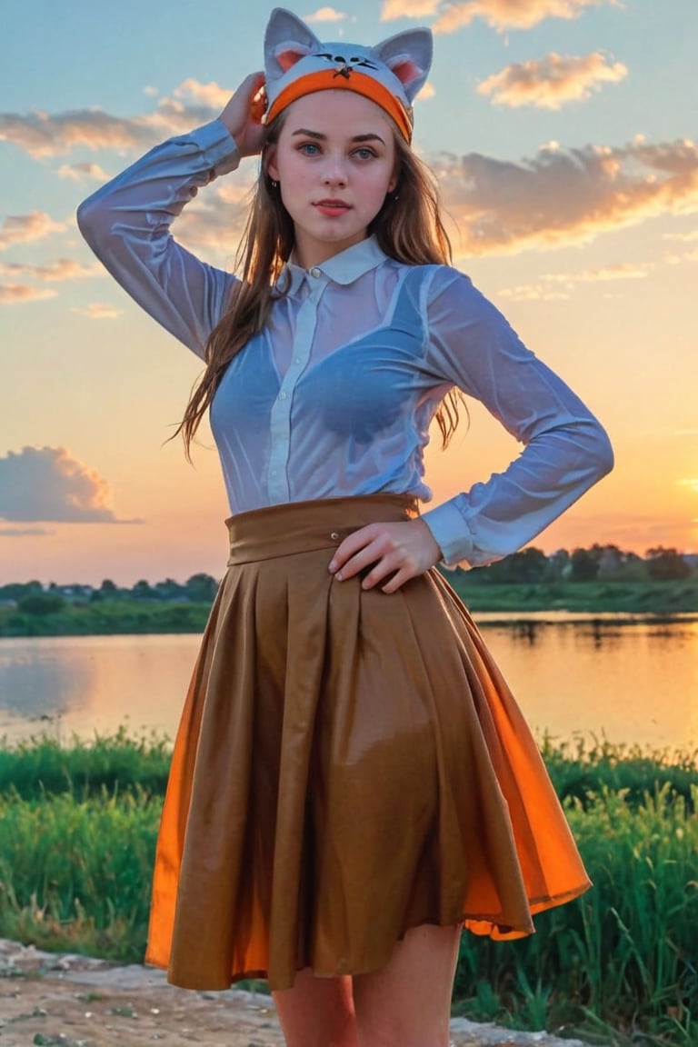 (best quality, masterpiece:1.2), style of Bo Bartlett, studio ghibli, outdoors, magical realism, translucent, volumetric lighting, dark colors, film grain, 1girl, solo, long skirt, looking at viewer, brown skirt, blue eyes, cat, shirt, sky, sunset, white shirt, orange sky, hand on headwear, orange theme, medium hair, twilight, yellow hat, parted lips, cowboy shot, hat, cloud,sun hat, smile, long sleeves, cloudy sky, skirt, wet clothes, wet hair, wet skin, wet, soaked, ,soakingwetclothes,art_booster