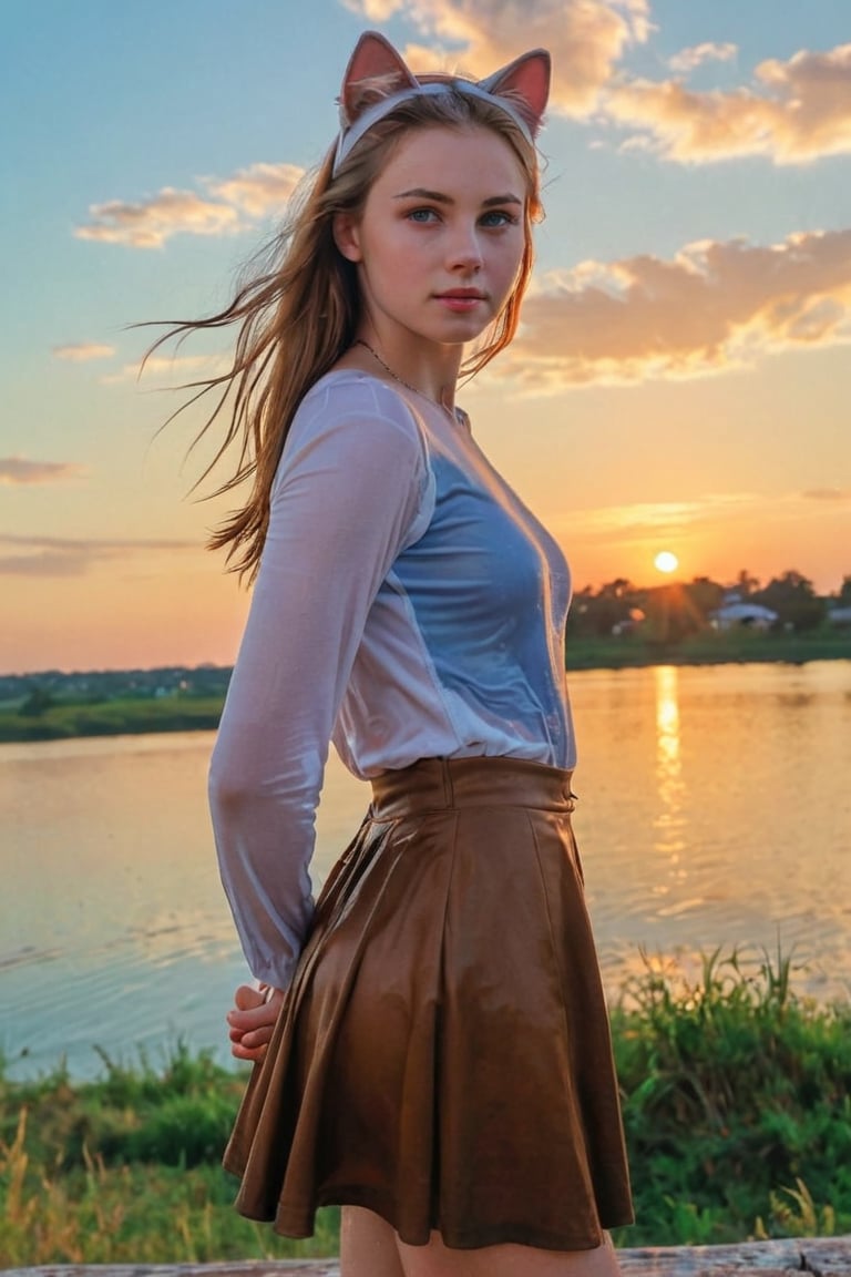 (best quality, masterpiece:1.2), style of Bo Bartlett, studio ghibli, outdoors, magical realism, translucent, volumetric lighting, dark colors, film grain, 1girl, solo, long skirt, looking at viewer, brown skirt, blue eyes, cat, shirt, sky, sunset, white shirt, orange sky, hand on headwear, orange theme, medium hair, twilight, yellow hat, parted lips, cowboy shot, hat, cloud,sun hat, smile, long sleeves, cloudy sky, skirt, wet clothes, wet hair, wet skin, wet, soaked, ,soakingwetclothes,art_booster