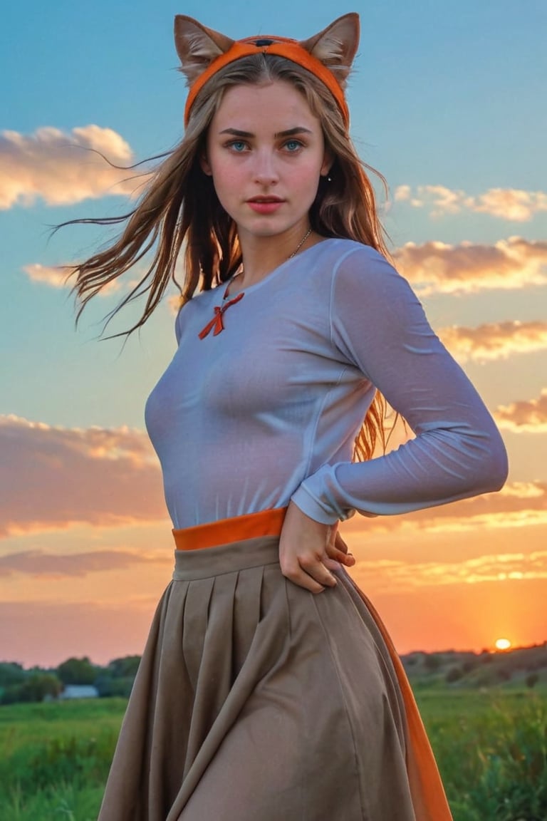 (best quality, masterpiece:1.2), style of Bo Bartlett, studio ghibli, outdoors, magical realism, translucent, volumetric lighting, dark colors, film grain, 1girl, solo, long skirt, looking at viewer, brown longskirt, blue eyes, cat, shirt, sky, sunset, white shirt, orange sky, hand on headwear, orange theme, medium hair, twilight, yellow hat, parted lips, cowboy shot, hat, cloud,sun hat, smile, long sleeves, cloudy sky, gypsy longskirt, wet clothes, wet hair, wet skin, wet, soaked, ,soakingwetclothes,art_booster