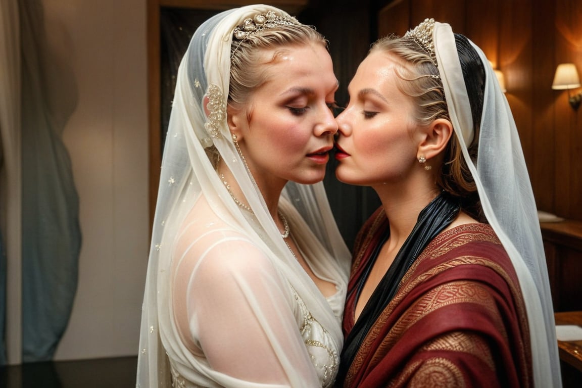 (wet clothes, wet hair, wet, wet face, wet skin, two girls kissing, shawl , wet veil,  veil: 1.4 ),(60s film , two wet lesbian making out session, A sultryMedium shot ,looking to the camera,   blonde deep wet kiss (wet brunnete doris day and grace kelly a 40-year-old wet woman). embraced full wet make up, The cinematic film still captures their intimate moment as they making out, wet drindl ballgown, wet royal cloak. they embrace each other against the backdrop of a luxurious coffeshop bathed in soft daylight, submerge,  hugging, wet hair, moist face:1.2)), infused with norwegian elements. The wet dress combines intricate lace and embroidery with colorful ballgown-inspired patterns. A wide obi belt cinches her waist, while puffed sleeves and delicate accessories complete the look, showcasing a striking fusion of cultures.,ct-drago
.
, soakingwetclothes, wet clothes, wet hair,photorealistic,georgian gown,18thcentury,Georgian gown