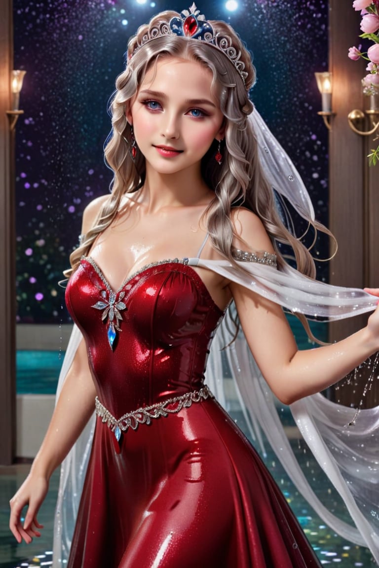 (Masterpiece:1.3), (Best Quality:1.3), (high resolution), (intricate details), (toned), uhd, (ultra_detailed)), (perfect face), (cute face), 1girl, solo, wet silver hair, blue eyes, very long wet hair, crown headband, Blush, calm smile, shiny lips, closed mouth, front look, wet straight arms, princess wearing beautiful wet red embroidery and jeweled gorgeous princess wet red ballgown with voluminous full length wet hoop skirt, voluminous frills, (beautiful red lace), breasts, wet Lush skin, wet shiny hair, Glowing eyes, absurdly voluminous Curly wet hair, absurdly Long wet Hair)), (finely detailed face and eye), clear pupil, (bling-bling gorgeousfull jeweled tiara), ((bling-bling gorgeous gemstone jewelry)), standing, looking at viewer, indoors, bedroom, night time, night sky, starry sky, kingdom background, fantasy, hair flowers, flower petals flowing hair, wet clothes, wet hair, wet skin, wet_clothing,soakingwetclothes, cotton, wet clothes cling to body, draped with a shawl