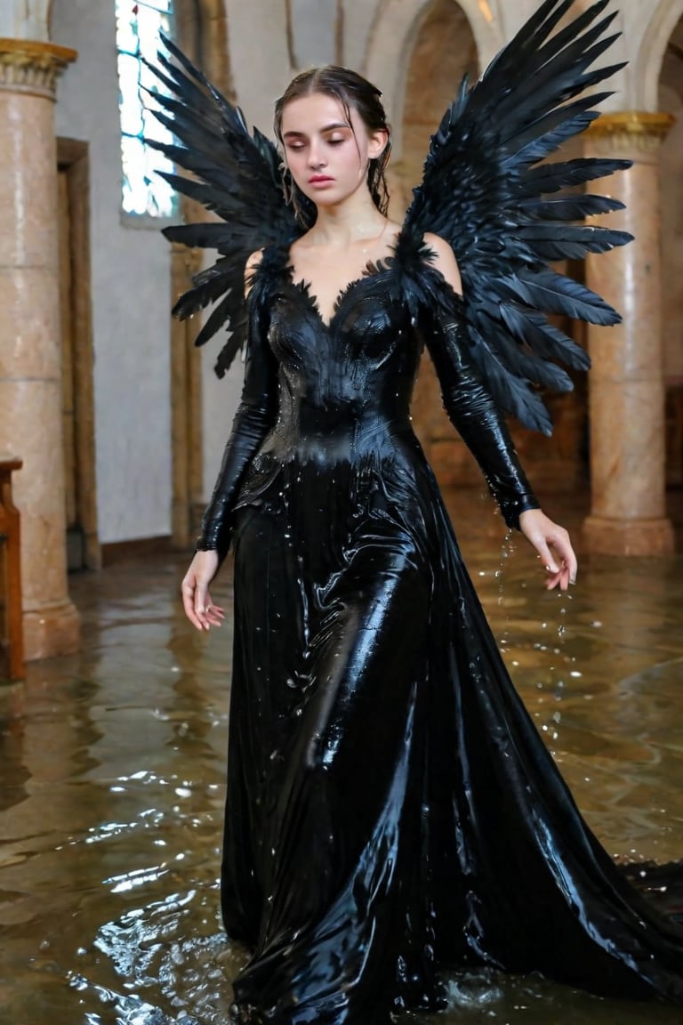 A girl wearing a long black wedding dress, church, baroque style, detailed feathers, huge wings, big scene, super realistic, soakingwetclothes, wet clothes, wet hair, wet skin, wet, soaked , wet face.face focused