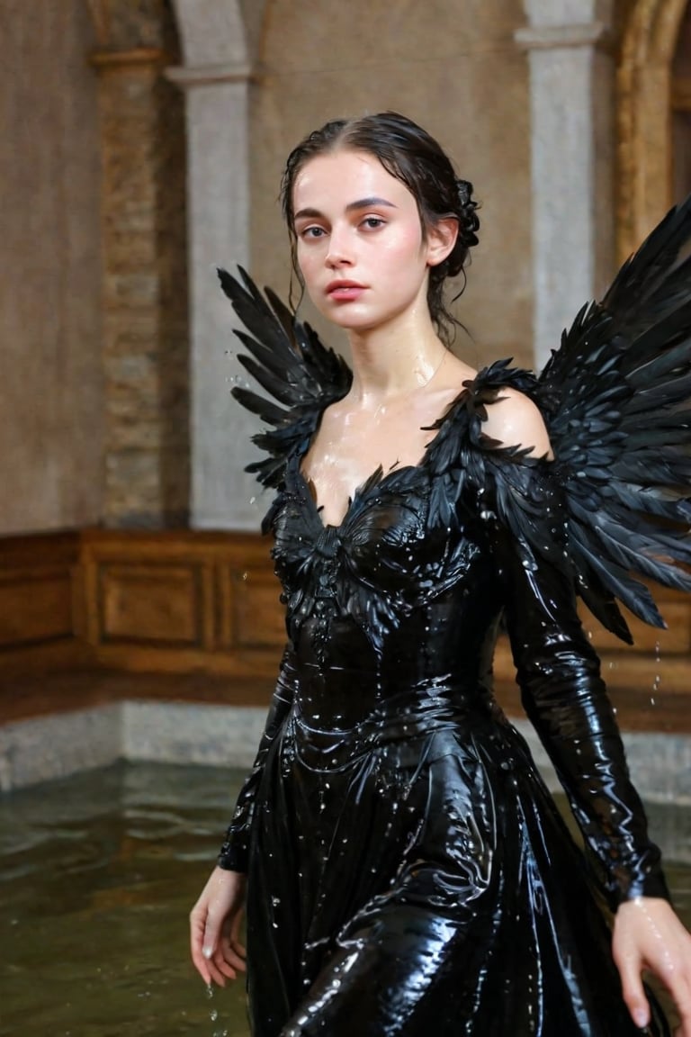 A girl wearing a long black wedding dress, church, baroque style, detailed feathers, huge wings, big scene, super realistic, soakingwetclothes, wet clothes, wet hair, wet skin, wet, soaked , wet face.face focused