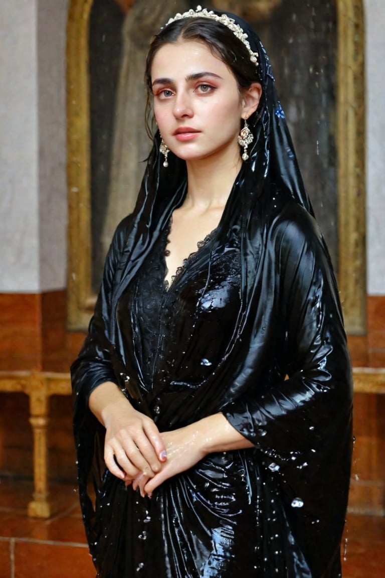 A girl wearing a long black wedding dress, church, baroque style, detailed feathers,s, big scene, super realistic, wet shawl, pakistani dress, soakingwetclothes, wet clothes, wet hair, wet skin, wet, soaked , wet face.face focused