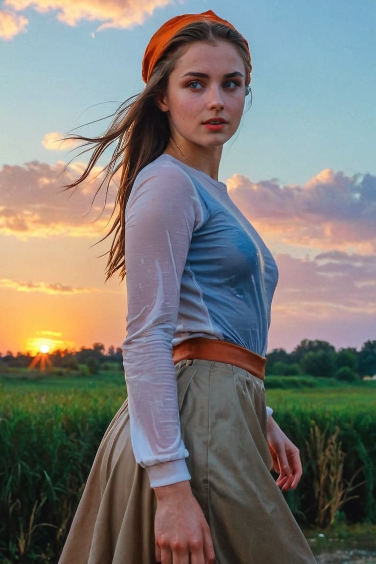 (best quality, masterpiece:1.2), style of Bo Bartlett, studio ghibli, outdoors, magical realism, translucent, volumetric lighting, dark colors, film grain, 1girl, solo, wet long skirt, looking at viewer, wet brown longskirt, blue eyes,, shirt, sky, sunset,wet white office shirt, orange sky, hand on headwear, orange theme, medium hair, twilight, yellow hat, parted lips, cowboy shot, hat, cloud,sun hat, smile, long sleeves, cloudy sky,wet gypsy longskirt, wet clothes, wet hair, wet skin, wet, soaked, ,soakingwetclothes,art_booster