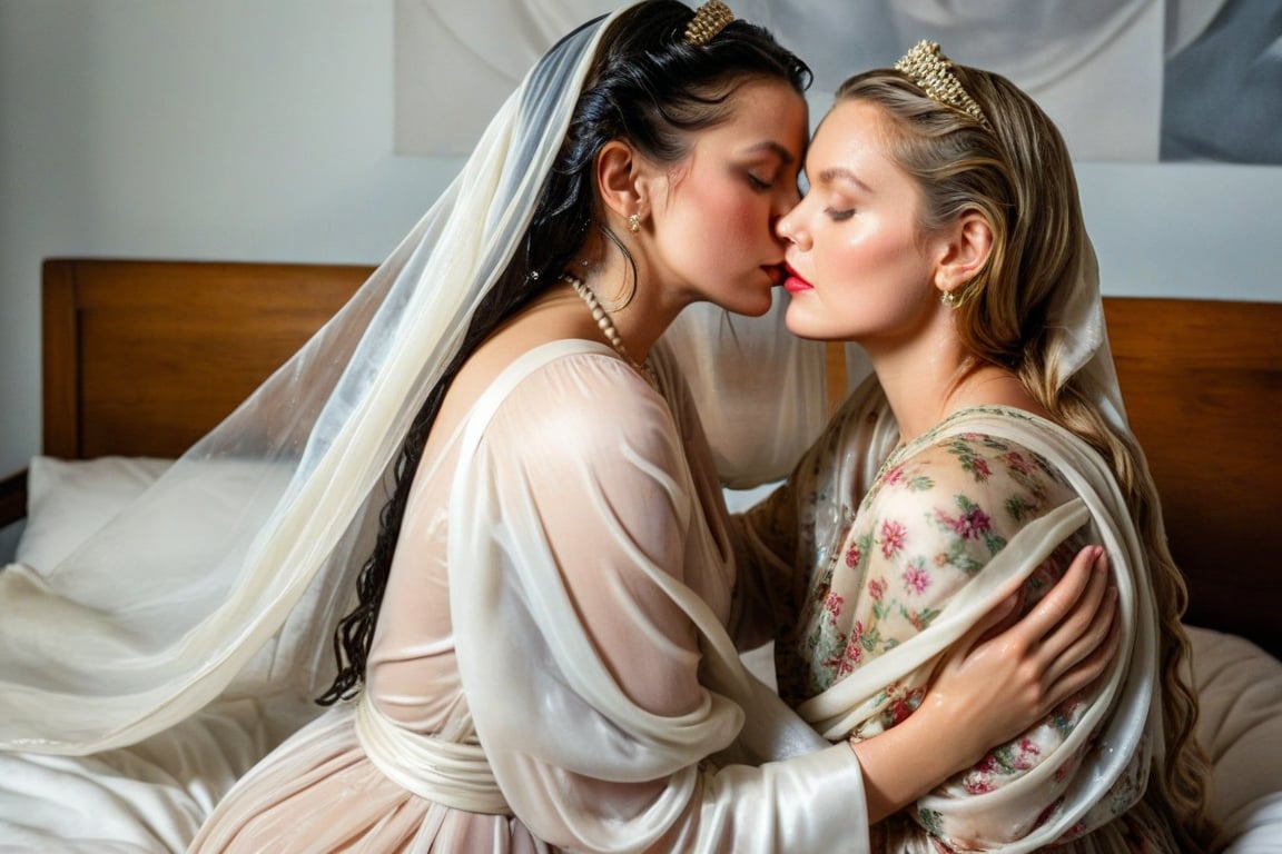 (wet clothes, wet hair, wet, wet face, wet skin, two girls kissing, shawl , wet veil,  A cinematic photo of Two wet women are kissing while sleeping together on a wet bed. They are wearing wet victorian style silk dress and wet shawl. Both women are wearing wet, soaked Victorian silk dresses and wet shawl. Wet clothes clinging, The room is white and has a few props. The background is blurred.: 1.4 ),(60s film , two wet lesbian making out session, A sultryMedium shot ,looking to the camera,   blonde deep wet kiss (wet brunnete doris day and grace kelly a 40-year-old wet woman). embraced full wet make up, The cinematic film still captures their intimate moment as they making out, wet drindl ballgown, wet royal cloak. they embrace each other against the backdrop of a luxurious coffeshop bathed in soft daylight, submerge,  hugging, wet hair, moist face:1.2)), infused with norwegian elements. The wet dress combines intricate lace and embroidery with colorful ballgown-inspired patterns. A wide obi belt cinches her waist, while puffed sleeves and delicate accessories complete the look, showcasing a striking fusion of cultures.,ct-drago
.
, soakingwetclothes, wet clothes, wet hair,photorealistic,georgian gown,18thcentury,Georgian gown,Pakistani dress