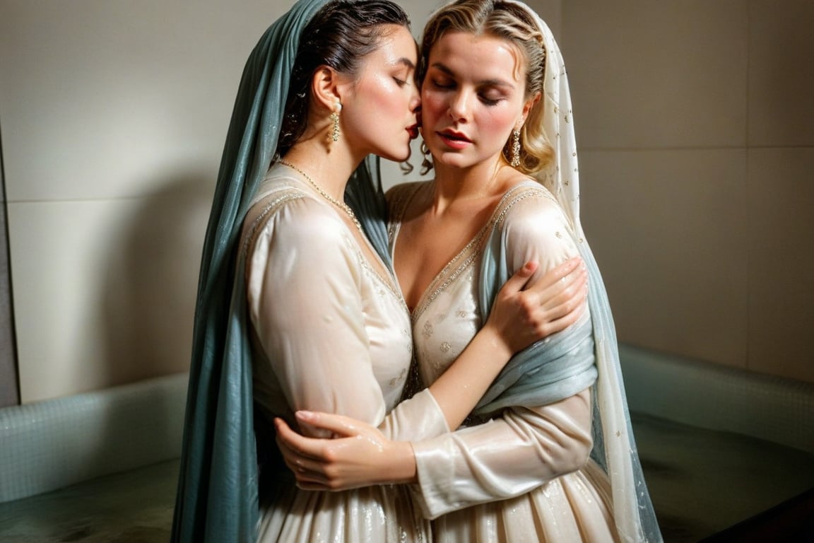 (wet clothes, wet hair, wet, wet face, wet skin, two girls kissing, shawl , wet veil,  A cinematic photo of Two wet women are kissing while sleeping together on a wet bed. They are wearing wet victorian style silk dress and wet shawl. Both women are wearing wet, soaked Victorian silk dresses and wet shawl. Wet clothes clinging, The room is white and has a few props. The background is blurred.: 1.4 ),(60s film , two wet lesbian making out session, A sultryMedium shot ,looking to the camera,   blonde deep wet kiss (wet brunnete doris day and grace kelly a 40-year-old wet woman). embraced full wet make up, The cinematic film still captures their intimate moment as they making out, wet drindl ballgown, wet royal cloak. they embrace each other against the backdrop of a luxurious coffeshop bathed in soft daylight, submerge,  hugging, wet hair, moist face:1.2)), infused with norwegian elements. The wet dress combines intricate lace and embroidery with colorful ballgown-inspired patterns. A wide obi belt cinches her waist, while puffed sleeves and delicate accessories complete the look, showcasing a striking fusion of cultures.,ct-drago
.
, soakingwetclothes, wet clothes, wet hair,photorealistic,georgian gown,18thcentury,Georgian gown,Pakistani dress