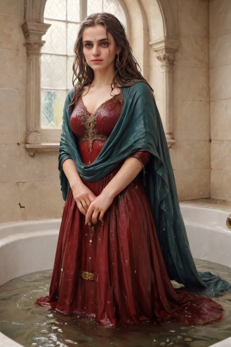 masterpiece, best quality, ultra high resolution, visually stunning, beautiful, award-winning art (abstract art: 1.3), beautiful )))A FULL-LENGTH very detalied full leghn , A anime a very beutifful female medieval warhammer style noble smile,, Watercolor, trending on artstation, sharp focus, Indoor photo, white tiles background, intricate details, highly detailed, by greg rutkowski ,more detail XL, shawl,   wet hair, (bathing in royal bathroom), ((wet clothes, victorian ballgown, ,((heavy rain, beautiful faces, soakingwetclothes, wet clothes, wet hair, wet skin, clothes cling to skin, submerged in tub:1.3)),soakingwetclothes,, wet skin, wet face, wet robe,, face focused , soakingwetclothes,art_booster,indian,OnlySaree_Style,,hoopdress,Pakistani dress,saree,saree influencer,saree model