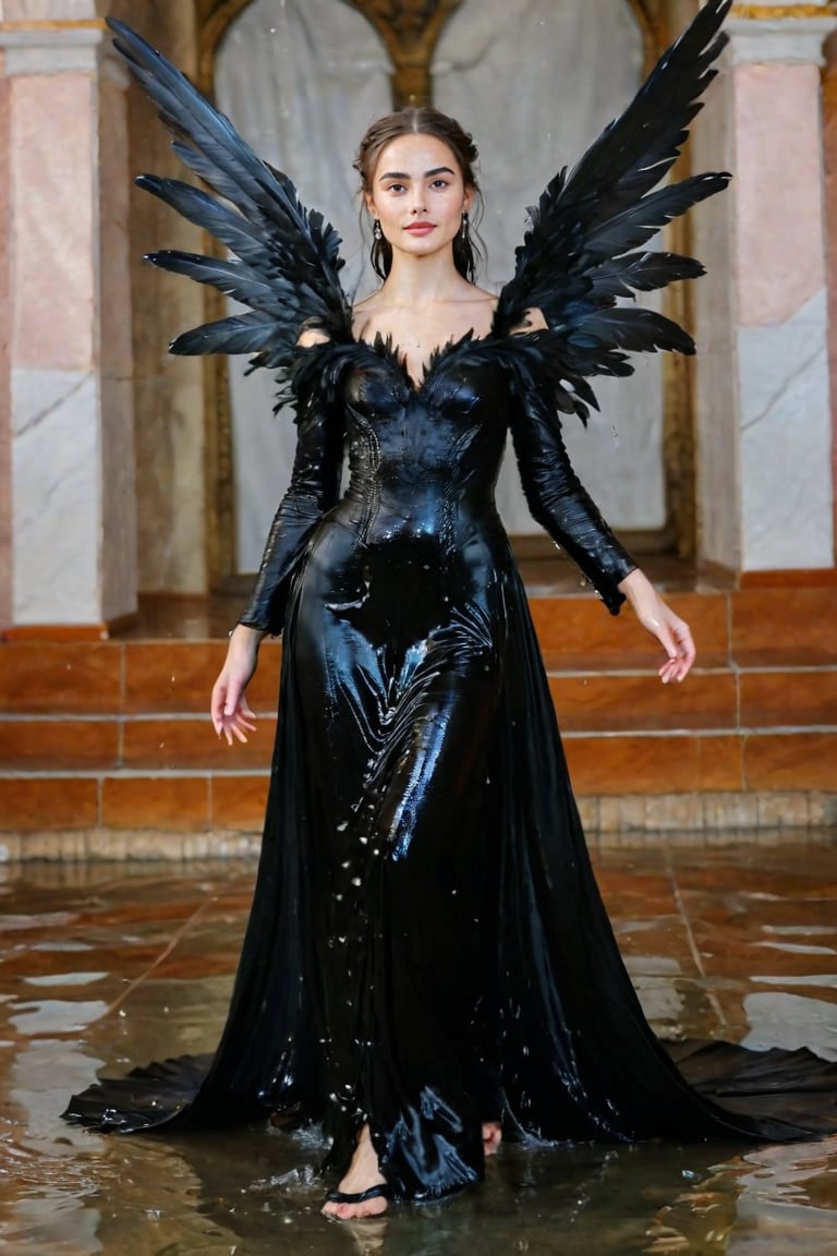 A girl wearing a long black wedding dress, church, baroque style, detailed feathers, huge wings, full body, big scene, super realistic,soakingwetclothes, wet clothes, wet hair, wet skin, wet, soaked , wet face.face focused