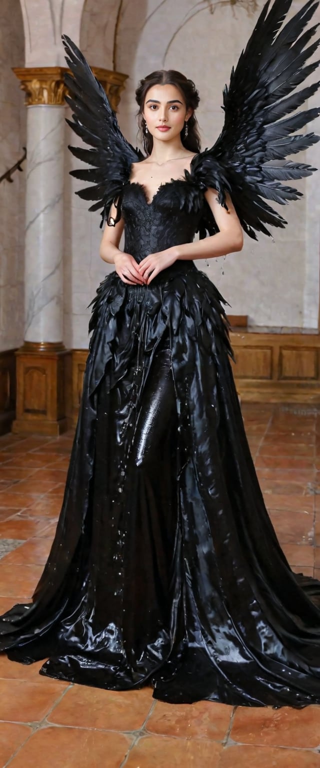 A girl wearing a long black wedding dress, church, baroque style, detailed feathers, huge wings, full body, big scene, super realistic,soakingwetclothes, wet clothes, wet hair, wet skin, wet, soaked.