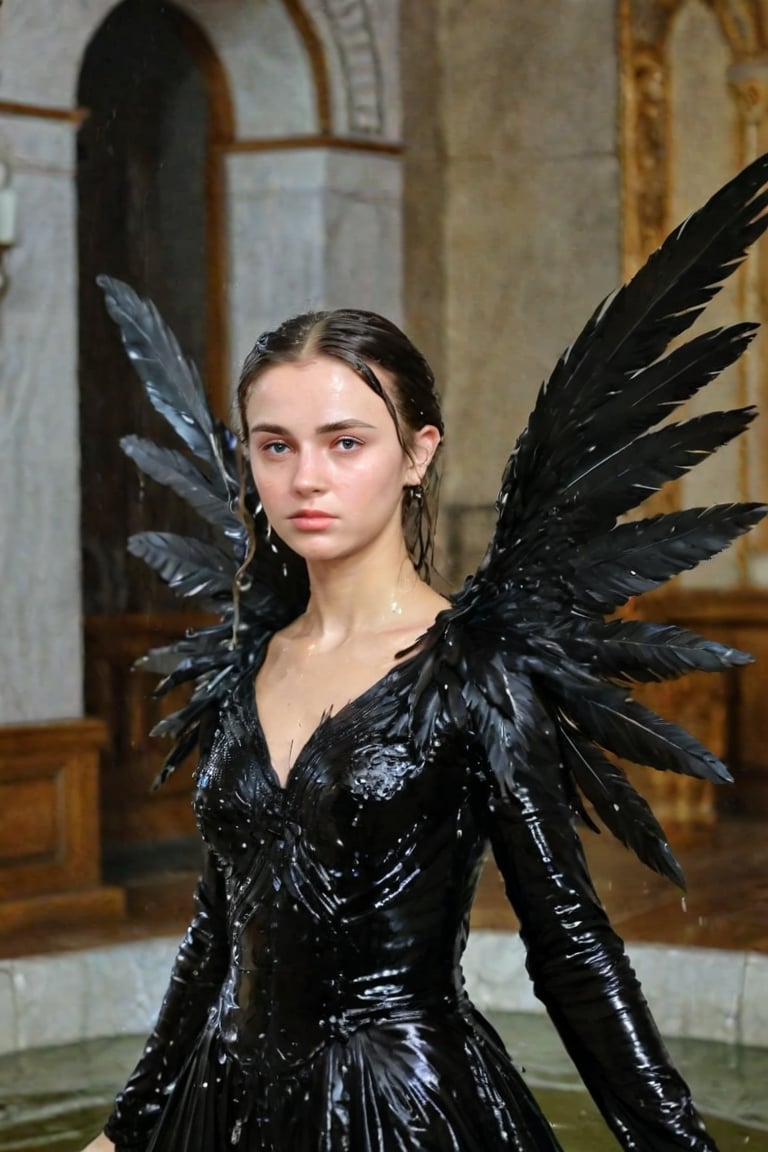 A girl wearing a long black wedding dress, church, baroque style, detailed feathers, huge wings, big scene, super realistic, soakingwetclothes, wet clothes, wet hair, wet skin, wet, soaked , wet face.face focused