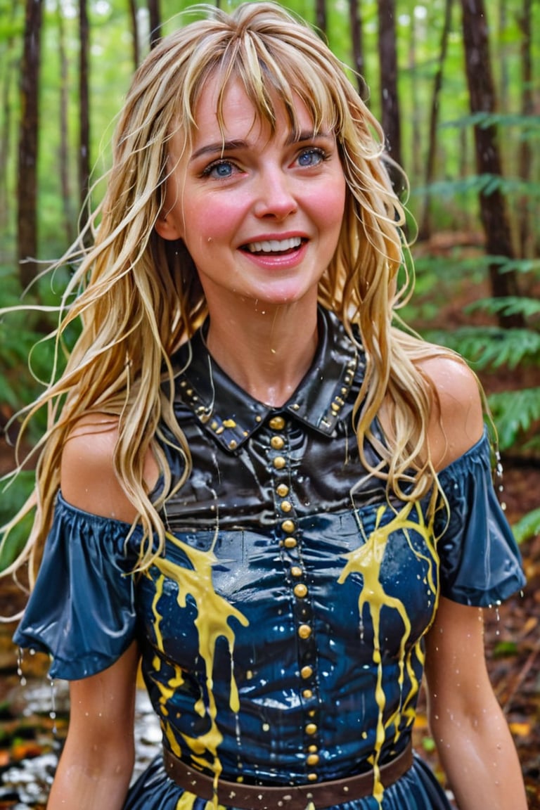 An concept art of an ethereal wet irish alchemist , portrait of a beautiful woman. . closeup of a mature blonde woman with bangs blue and gold camo colored ballgown, she's in a forest looking happy, blushing, leather dog collar, dripping wet hair, ,Masterpiece,white tiled background,, wet skin, wet face, wet heavy dress, 
(masterpiece, top quality, best quality, official art, beautiful and aesthetic:1.2), extreme detailed, highest detailed, ,Masterpiece,Color Booster,wet hair,, wet robe, layered dress, face focused
,soakingwetclothes,art_booster,wagasa,oil-paper,score_9,oil paint 