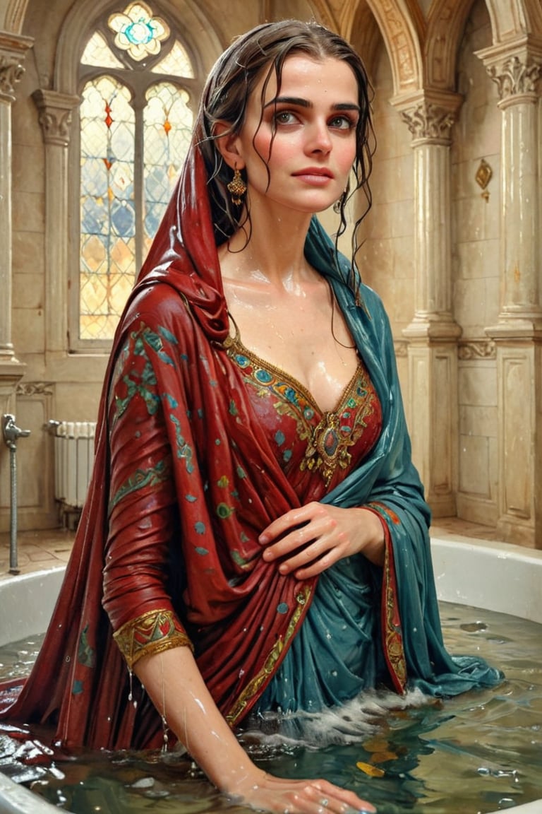 masterpiece, best quality, ultra high resolution, visually stunning, beautiful, award-winning art (abstract art: 1.3), beautiful )))A FULL-LENGTH very detalied full leghn , A anime a very beutifful female medieval warhammer style noble smile,, Watercolor, trending on artstation, sharp focus, Indoor photo, white tiles background, intricate details, highly detailed, by greg rutkowski ,more detail XL, shawl,   wet hair, (bathing in royal bathroom), ((wet clothes, victorian ballgown, ,((heavy rain, beautiful faces, soakingwetclothes, wet clothes, wet hair, wet skin, clothes cling to skin, submerged in tub:1.3)),soakingwetclothes,, wet skin, wet face, wet robe,, face focused , soakingwetclothes,art_booster,indian,OnlySaree_Style,,hoopdress,Pakistani dress,saree,saree influencer,saree model