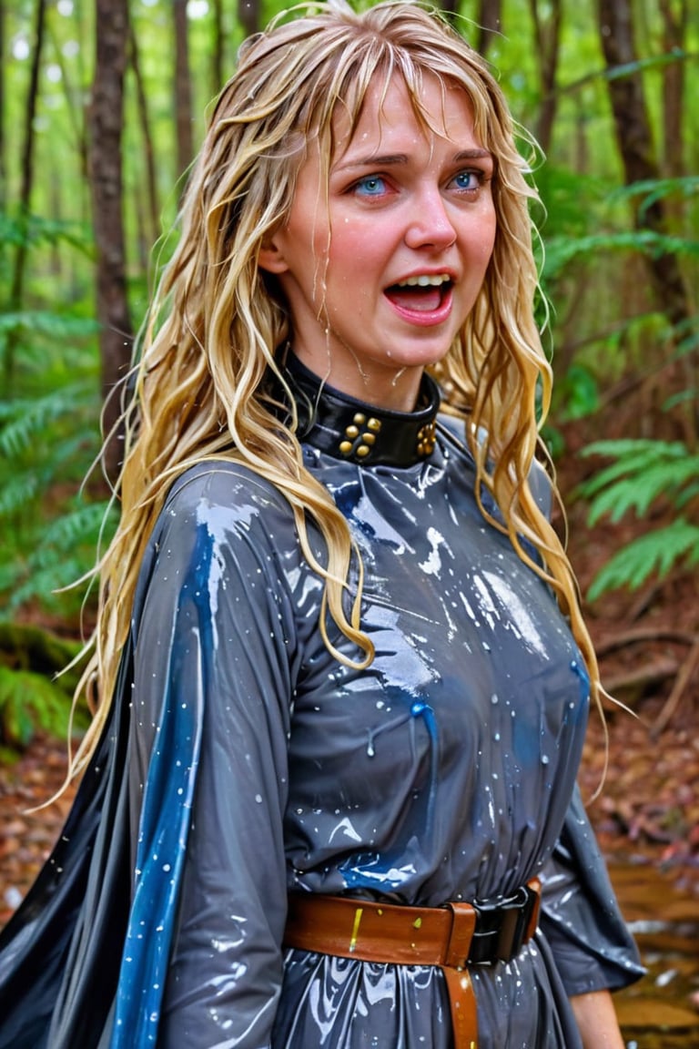 An concept art of an ethereal wet irish alchemist , portrait of a beautiful woman. . closeup of a mature wet blonde woman with wet bangs blue and gold camo colored wet ballgown, she's in a forest looking happy, blushing, leather dog collar, dripping wet hair, ,Masterpiece,white tiled background,, wet skin, wet face, wet heavy dress, 
(masterpiece, top quality, best quality, official art, beautiful and aesthetic:1.2), extreme detailed, highest detailed, ,Masterpiece,Color Booster,wet hair,, wet robe, layered dress, face focused
,soakingwetclothes,art_booster,wagasa,oil-paper,score_9,oil paint 