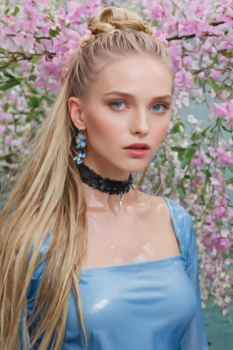 Generate hyper realistic image of a wet woman with wet long blonde hair adorned with a delicate hair flower. Her piercing...
