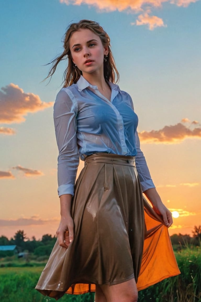 (best quality, masterpiece:1.2), style of Bo Bartlett, studio ghibli, outdoors, magical realism, translucent, volumetric lighting, dark colors, film grain, 1girl, solo, wet long skirt, looking at viewer, wet brown longskirt, blue eyes,, shirt, sky, sunset,wet white formal office shirt, orange sky, hand on headwear, orange theme, medium hair, twilight, yellow hat, parted lips, cowboy shot, hat, cloud,sun hat, smile, long sleeves, cloudy sky,wet gypsy longskirt, wet clothes, wet hair, wet skin, wet, soaked, ,soakingwetclothes,art_booster