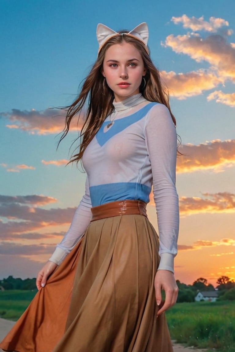 (best quality, masterpiece:1.2), style of Bo Bartlett, studio ghibli, outdoors, magical realism, translucent, volumetric lighting, dark colors, film grain, 1girl, solo, long skirt, looking at viewer, brown longskirt, blue eyes, cat, shirt, sky, sunset, white shirt, orange sky, hand on headwear, orange theme, medium hair, twilight, yellow hat, parted lips, cowboy shot, hat, cloud,sun hat, smile, long sleeves, cloudy sky, gypsy longskirt, wet clothes, wet hair, wet skin, wet, soaked, ,soakingwetclothes,art_booster