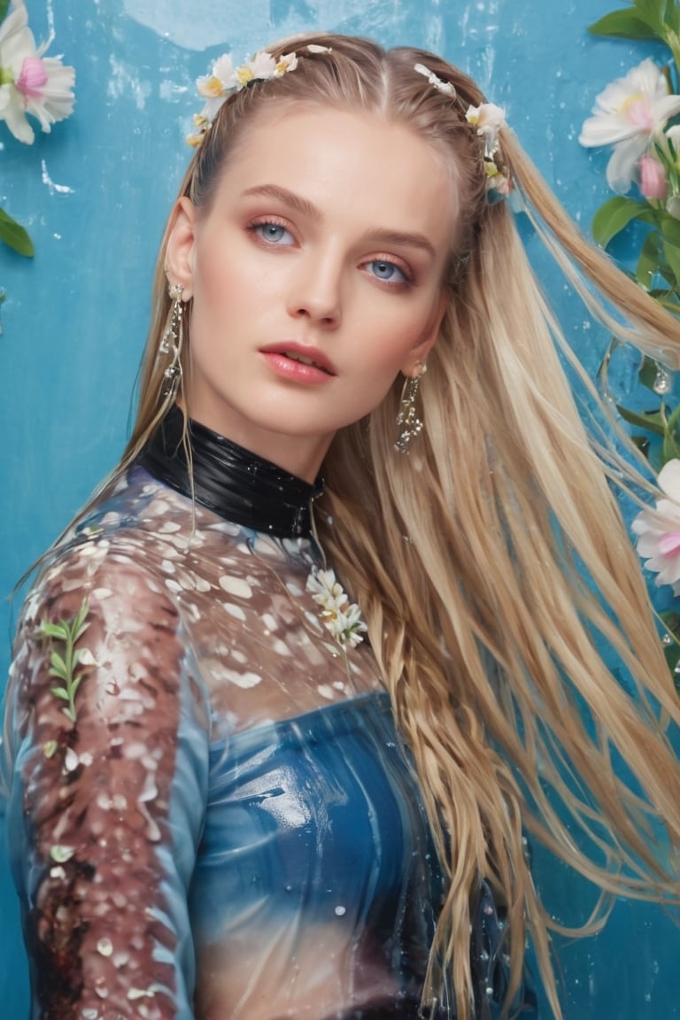 Generate hyper realistic image of a wet woman with wet long blonde hair adorned with a delicate hair flower. Her piercing...
