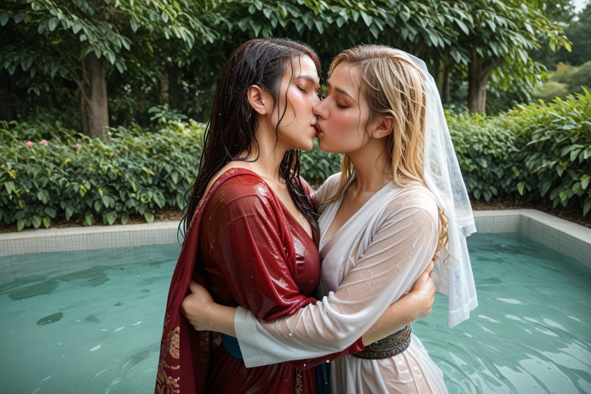 (wet clothes, wet hair, wet, wet face, wet skin, two girls kissing, shawl , wet veil,  hugging in water: 1.4 ),(60s film , two wet lesbian making out session, A sultryMedium shot ,looking to the camera,   blonde deep wet kiss (wet brunnete doris day and grace kelly a 40-year-old wet woman). embraced full wet make up, The cinematic film still captures their intimate moment as they making out, wet drindl ballgown, wet royal cloak. they embrace each other against the backdrop of a luxurious coffeshop bathed in soft daylight, submerge,  hugging, wet hair, moist face:1.2)), infused with norwegian elements. The wet dress combines intricate lace and embroidery with colorful ballgown-inspired patterns. A wide obi belt cinches her waist, while puffed sleeves and delicate accessories complete the look, showcasing a striking fusion of cultures.,ct-drago
.
, soakingwetclothes, wet clothes, wet hair,photorealistic,georgian gown,18thcentury,Georgian gown,Pakistani dress