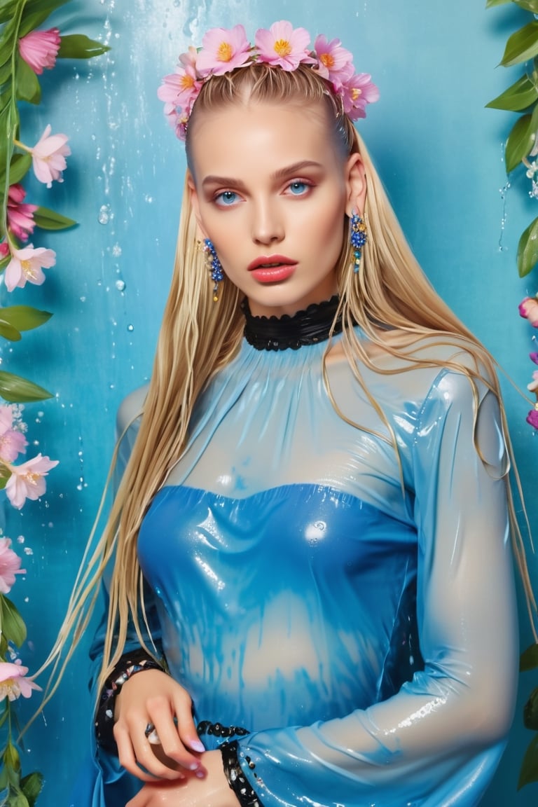 Generate hyper realistic image of a wet woman with wet long blonde hair adorned with a delicate hair flower. Her piercing...