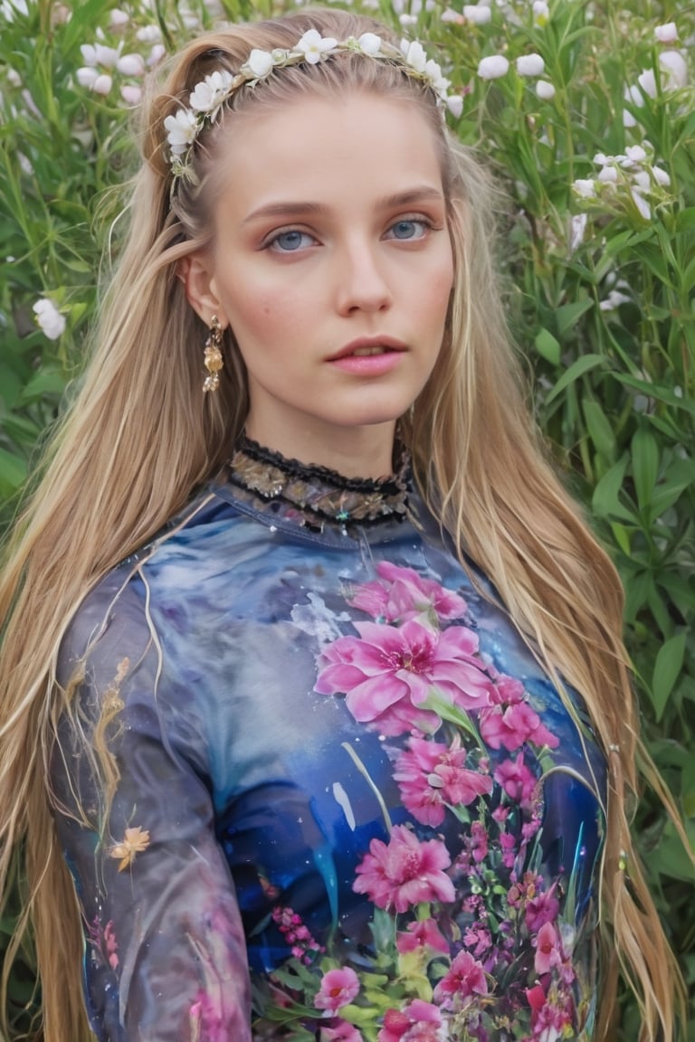 Generate hyper realistic image of a wet woman with wet long blonde hair adorned with a delicate hair flower. Her piercing...