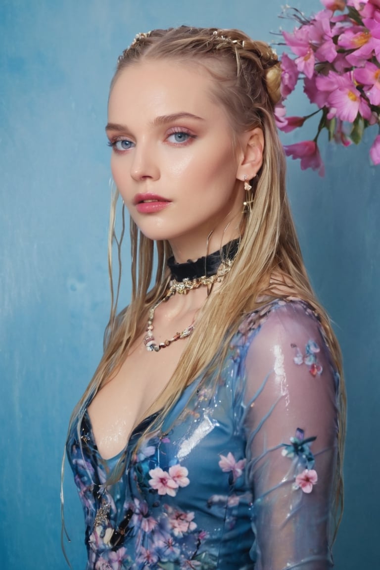 Generate hyper realistic image of a wet woman with wet long blonde hair adorned with a delicate hair flower. Her piercing...