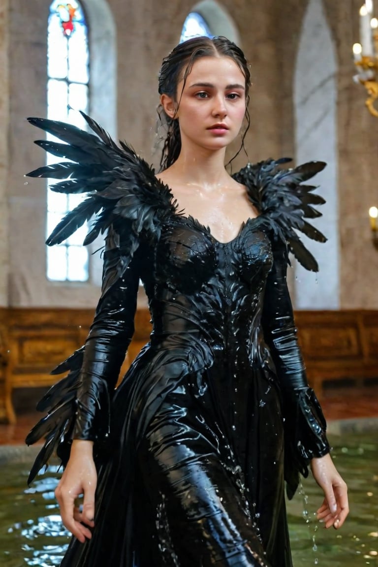 A girl wearing a long black wedding dress, church, baroque style, detailed feathers, huge wings, big scene, super realistic, soakingwetclothes, wet clothes, wet hair, wet skin, wet, soaked , wet face.face focused