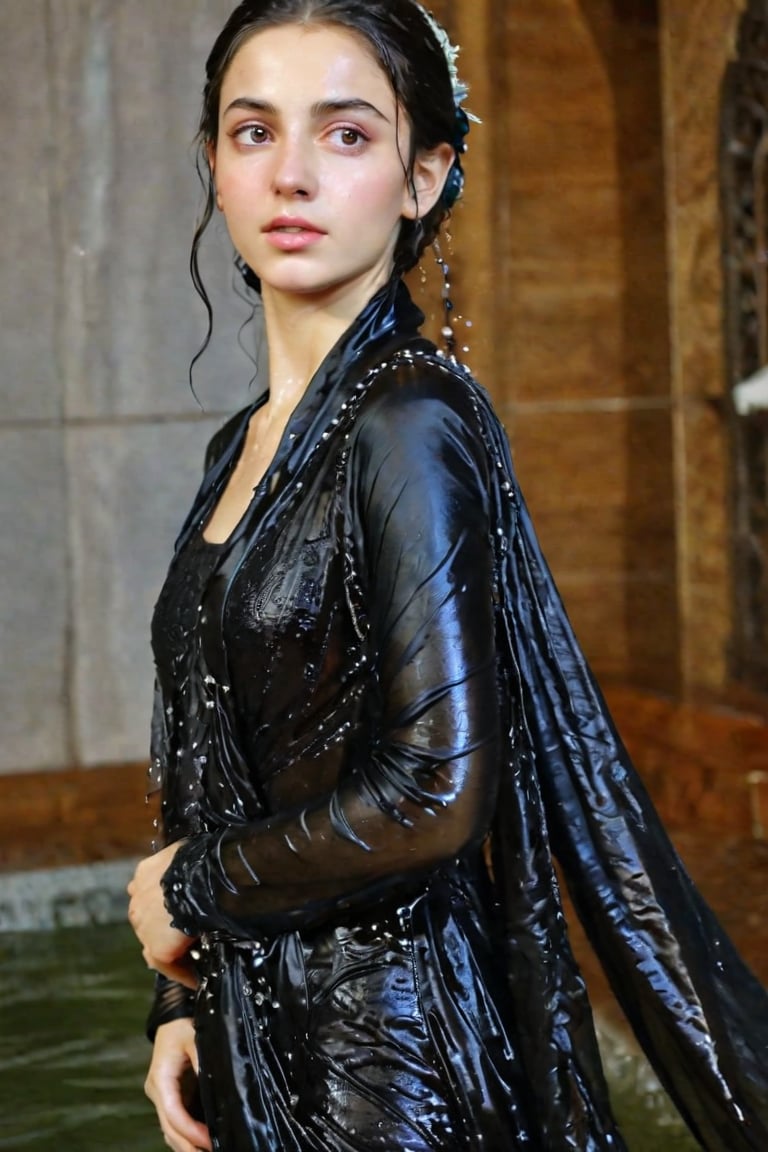 A girl wearing a long black wedding dress, church, baroque style, detailed feathers,s, big scene, super realistic, wet shawl, pakistani dress, soakingwetclothes, wet clothes, wet hair, wet skin, wet, soaked , wet face.face focused