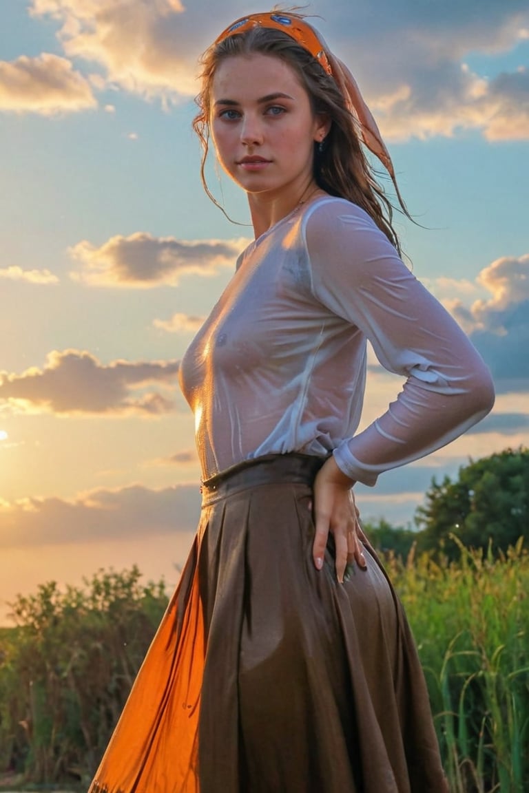 (best quality, masterpiece:1.2), style of Bo Bartlett, studio ghibli, outdoors, magical realism, translucent, volumetric lighting, dark colors, film grain, 1girl, solo, wet long skirt, looking at viewer, wet brown longskirt, blue eyes,, shirt, sky, sunset,wet white shirt, orange sky, hand on headwear, orange theme, medium hair, twilight, yellow hat, parted lips, cowboy shot, hat, cloud,sun hat, smile, long sleeves, cloudy sky,wet gypsy longskirt, wet clothes, wet hair, wet skin, wet, soaked, ,soakingwetclothes,art_booster