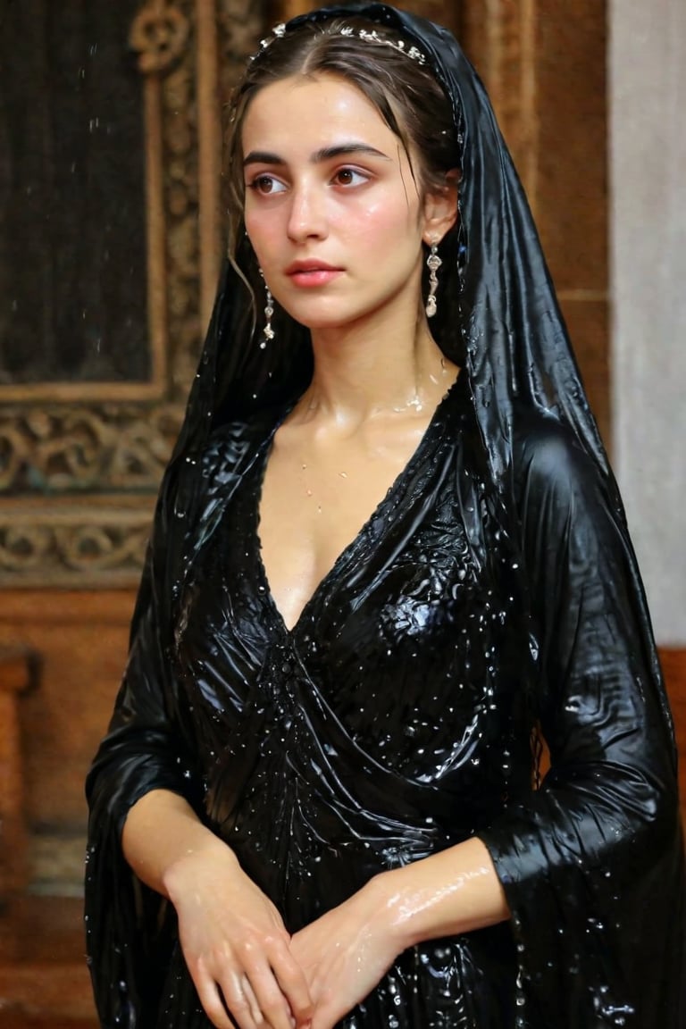 A girl wearing a long black wedding dress, church, baroque style, detailed feathers,s, big scene, super realistic, wet shawl, pakistani dress, soakingwetclothes, wet clothes, wet hair, wet skin, wet, soaked , wet face.face focused