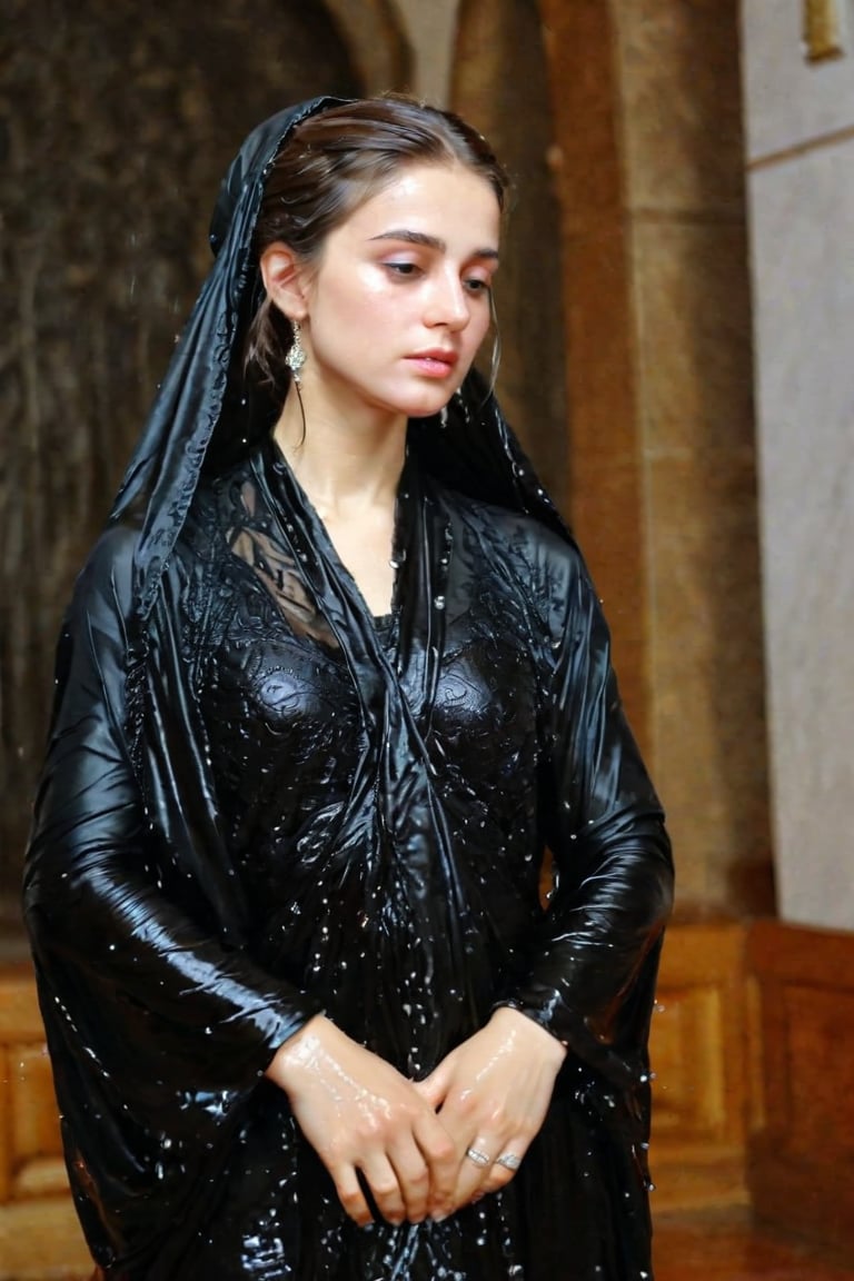 A girl wearing a long black wedding dress, church, baroque style, detailed feathers,s, big scene, super realistic, wet shawl, pakistani dress, soakingwetclothes, wet clothes, wet hair, wet skin, wet, soaked , wet face.face focused