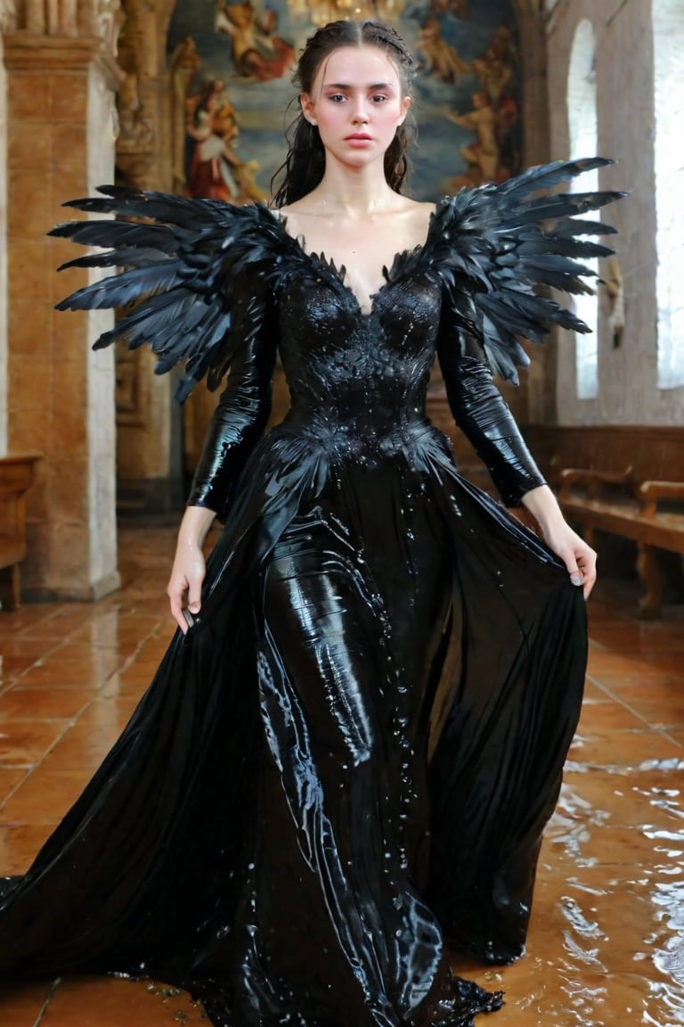 A girl wearing a long black wedding dress, church, baroque style, detailed feathers, huge wings, big scene, super realistic, soakingwetclothes, wet clothes, wet hair, wet skin, wet, soaked , wet face.face focused