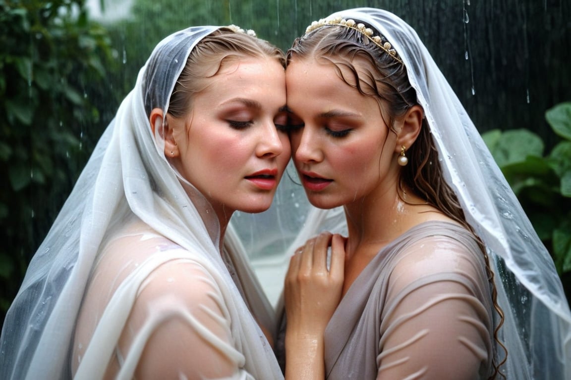 (wet clothes, wet hair, wet, wet face, wet skin, two girls kissing, shawl , wet veil, in rain, veil: 1.4 ),(60s film , two wet lesbian making out session, A sultryMedium shot ,looking to the camera,   blonde deep wet kiss (wet brunnete doris day and grace kelly a 40-year-old wet woman). embraced full wet make up, The cinematic film still captures their intimate moment as they making out, wet drindl ballgown, wet royal cloak. they embrace each other against the backdrop of a luxurious coffeshop bathed in soft daylight, submerge,  hugging, wet hair, moist face:1.2)), infused with norwegian elements. The wet dress combines intricate lace and embroidery with colorful ballgown-inspired patterns. A wide obi belt cinches her waist, while puffed sleeves and delicate accessories complete the look, showcasing a striking fusion of cultures.,ct-drago
.
, soakingwetclothes, wet clothes, wet hair,photorealistic,georgian gown,18thcentury,Georgian gown