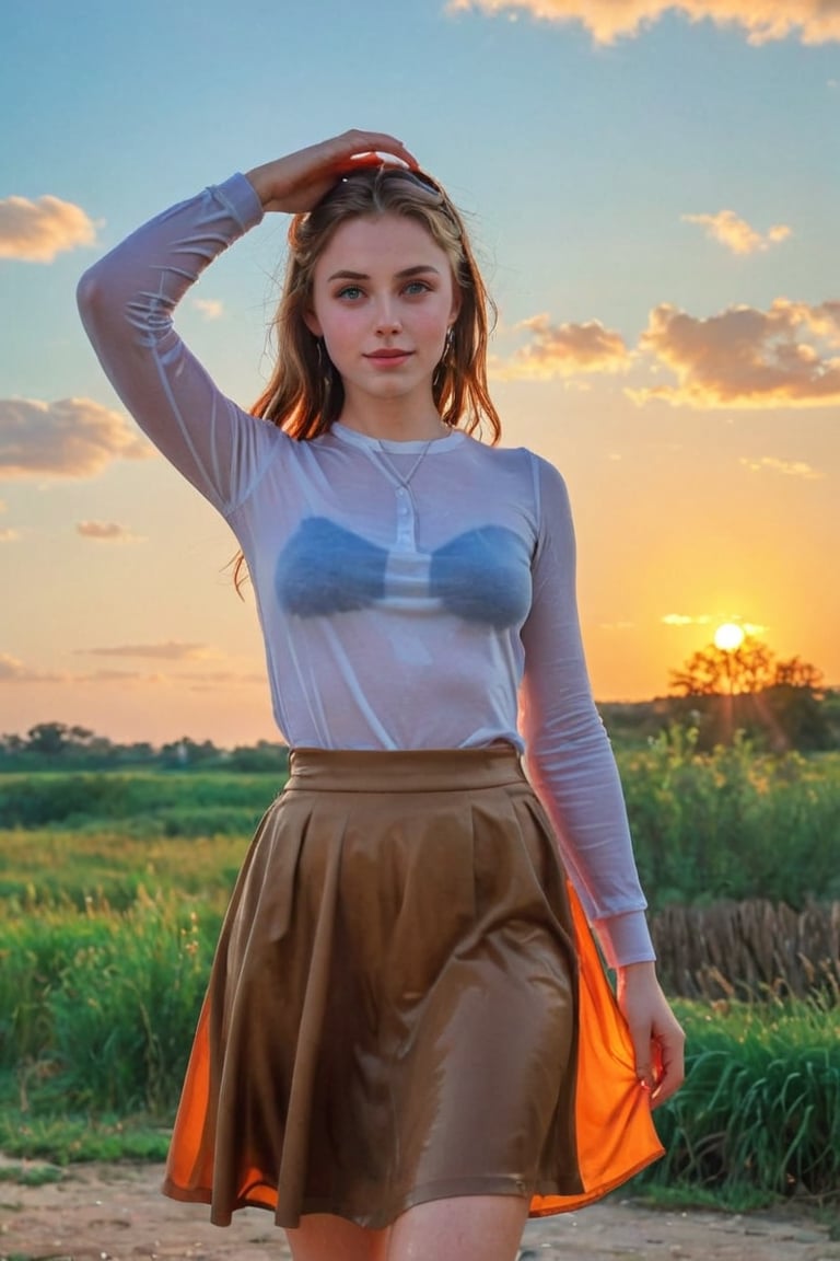 (best quality, masterpiece:1.2), style of Bo Bartlett, studio ghibli, outdoors, magical realism, translucent, volumetric lighting, dark colors, film grain, 1girl, solo, long skirt, looking at viewer, brown skirt, blue eyes, cat, shirt, sky, sunset, white shirt, orange sky, hand on headwear, orange theme, medium hair, twilight, yellow hat, parted lips, cowboy shot, hat, cloud,sun hat, smile, long sleeves, cloudy sky, skirt, wet clothes, wet hair, wet skin, wet, soaked, ,soakingwetclothes,art_booster