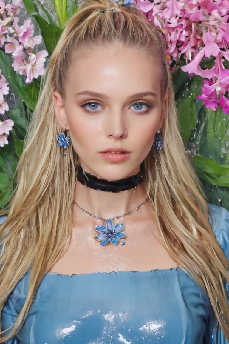Generate hyper realistic image of a wet woman with wet long blonde hair adorned with a delicate hair flower. Her piercing...