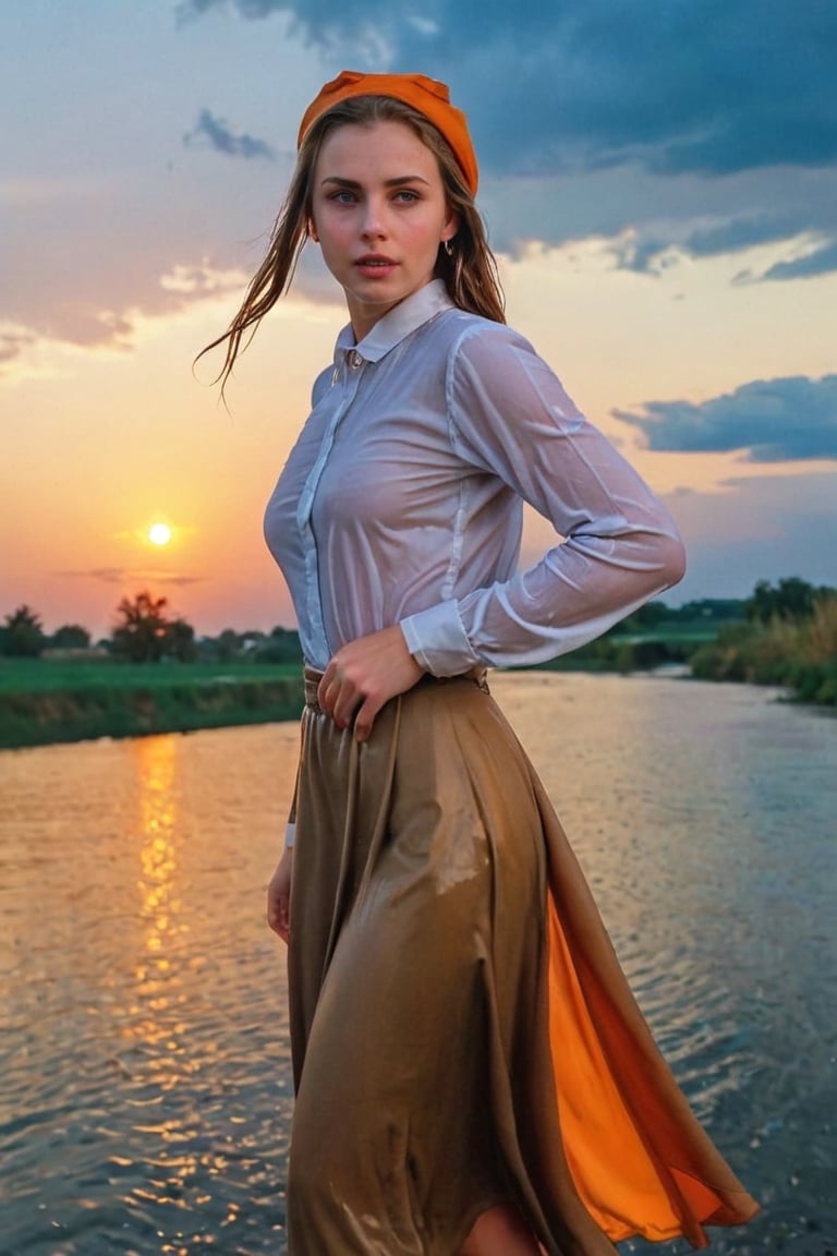 (best quality, masterpiece:1.2), style of Bo Bartlett, studio ghibli, outdoors, magical realism, translucent, volumetric lighting, dark colors, film grain, 1girl, solo, wet long skirt, looking at viewer, wet brown longskirt, blue eyes,, shirt, sky, sunset,wet white formal office shirt, orange sky, hand on headwear, orange theme, medium hair, twilight, yellow hat, parted lips, cowboy shot, hat, cloud,sun hat, smile, long sleeves, cloudy sky,wet gypsy longskirt, wet clothes, wet hair, wet skin, wet, soaked, ,soakingwetclothes,art_booster