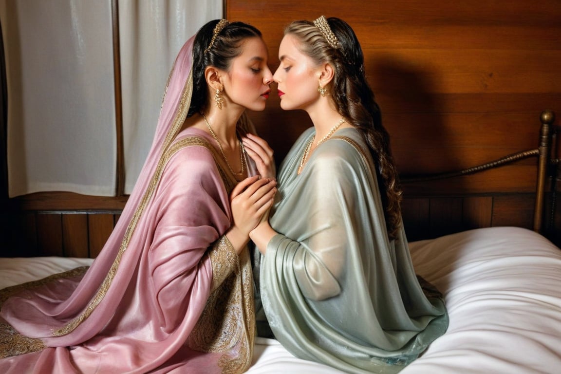 (wet clothes, wet hair, wet, wet face, wet skin, two girls kissing, shawl , wet veil,  A cinematic photo of a wet women in Victorian-style silk gowns and shawls, lying on another wet while they are sleeping together on a wet bed. Both of them are queens. They are making out and kissing. covered by a wet blanket. The dresses and shawls are wet and clinging to their bodies. ..: 1.4 ),(60s film , two wet lesbian making out session, A sultryMedium shot ,looking to the camera,   blonde deep wet kiss (wet brunnete doris day and grace kelly a 40-year-old wet woman). embraced full wet make up, The cinematic film still captures their intimate moment as they making out, wet drindl ballgown, wet royal cloak. they embrace each other against the backdrop of a luxurious coffeshop bathed in soft daylight, submerge,  hugging, wet hair, moist face:1.2)), infused with norwegian elements. The wet dress combines intricate lace and embroidery with colorful ballgown-inspired patterns. A wide obi belt cinches her waist, while puffed sleeves and delicate accessories complete the look, showcasing a striking fusion of cultures.,ct-drago
.
, soakingwetclothes, wet clothes, wet hair,photorealistic,georgian gown,18thcentury,Georgian gown,Pakistani dress