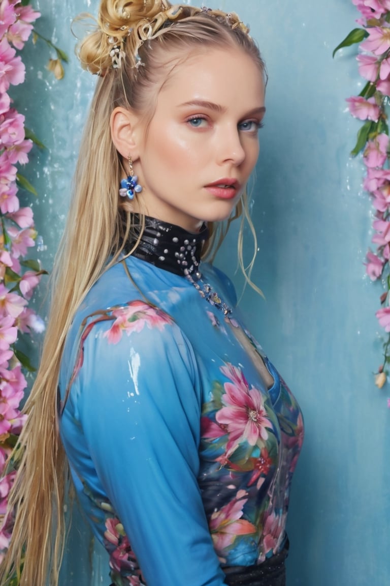 Generate hyper realistic image of a wet woman with wet long blonde hair adorned with a delicate hair flower. Her piercing...