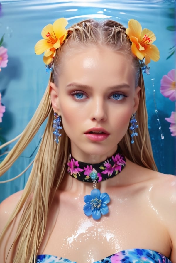 Generate hyper realistic image of a wet woman with wet long blonde hair adorned with a delicate hair flower. Her piercing...