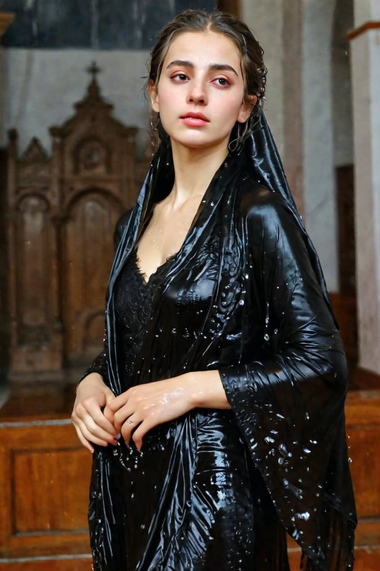 A girl wearing a long black wedding dress, church, baroque style, detailed feathers,s, big scene, super realistic, wet shawl, pakistani dress, soakingwetclothes, wet clothes, wet hair, wet skin, wet, soaked , wet face.face focused