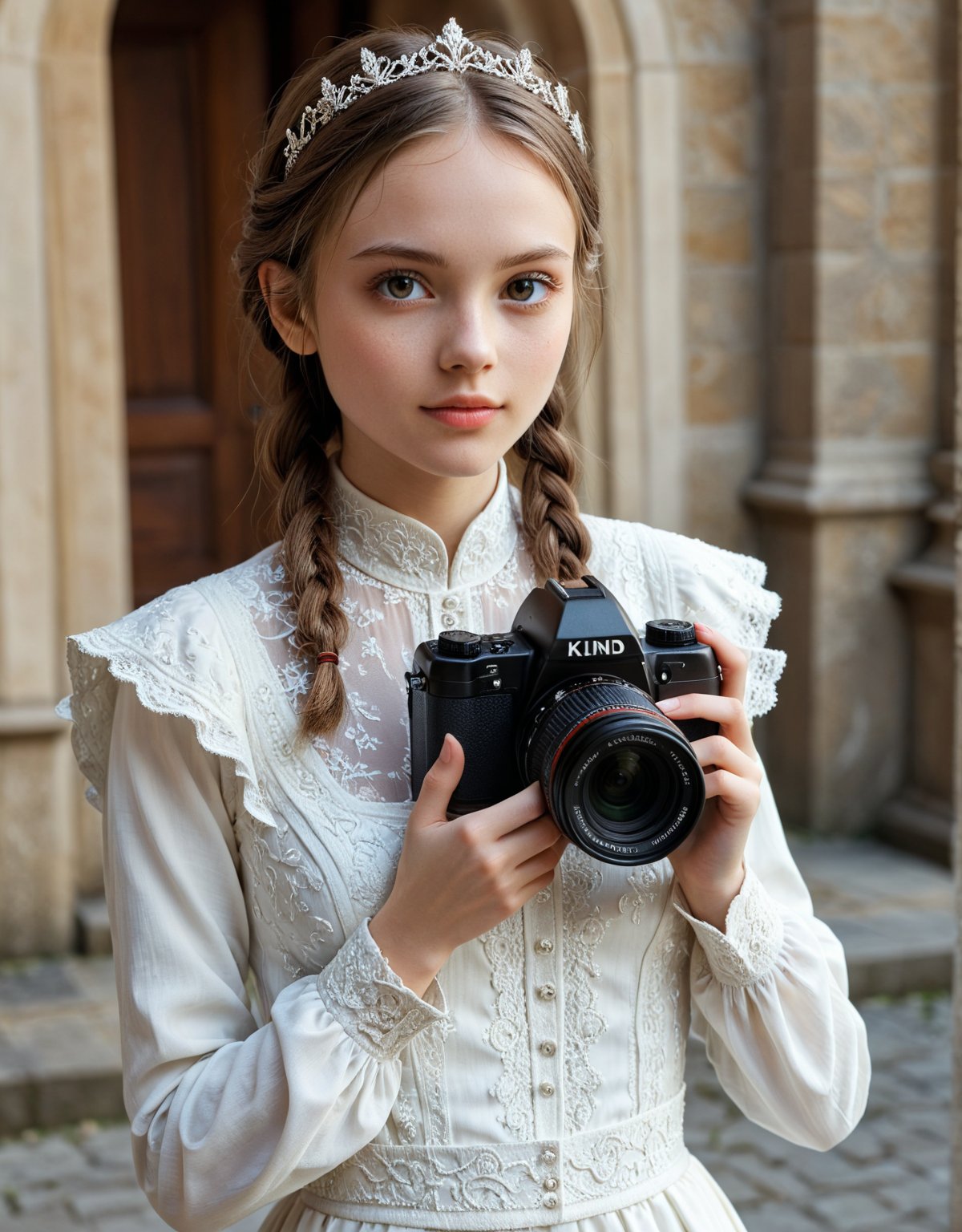 Highly detailed 8k digital photograph, full_body shot, front view, her front to the camera of 1girl, 24 year old, long brown braided hair girl, wearing 8th century servant clothing, castle in background.  Unreal Engine 5, extremely high quality RAW photograph, detailed background, intricate, Exquisite details and textures, highly detailed, ultra detailed photograph, warm lighting, 4k, sharp focus, high resolution, detailed skin, detailed eyes, 8k uhd, dslr, high quality, film grain,Extremely Realistic,