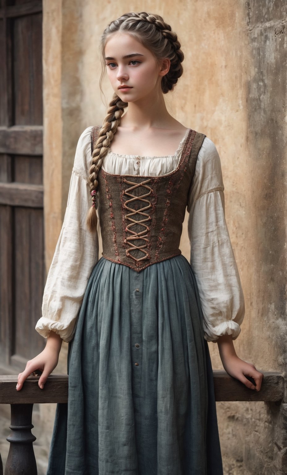  (full_body shot:2.0), 1girl, age 18, (girl wearing 8th century clothing standing on a platform), (european teen), braided hair, slender, dark theme, soothing tones, muted colors, high contrast, (natural skin texture, hyperrealism, soft light, sharp), perfecteyes eyes, hand, perfect, hand, fingers, photo of perfecteyes eyes,