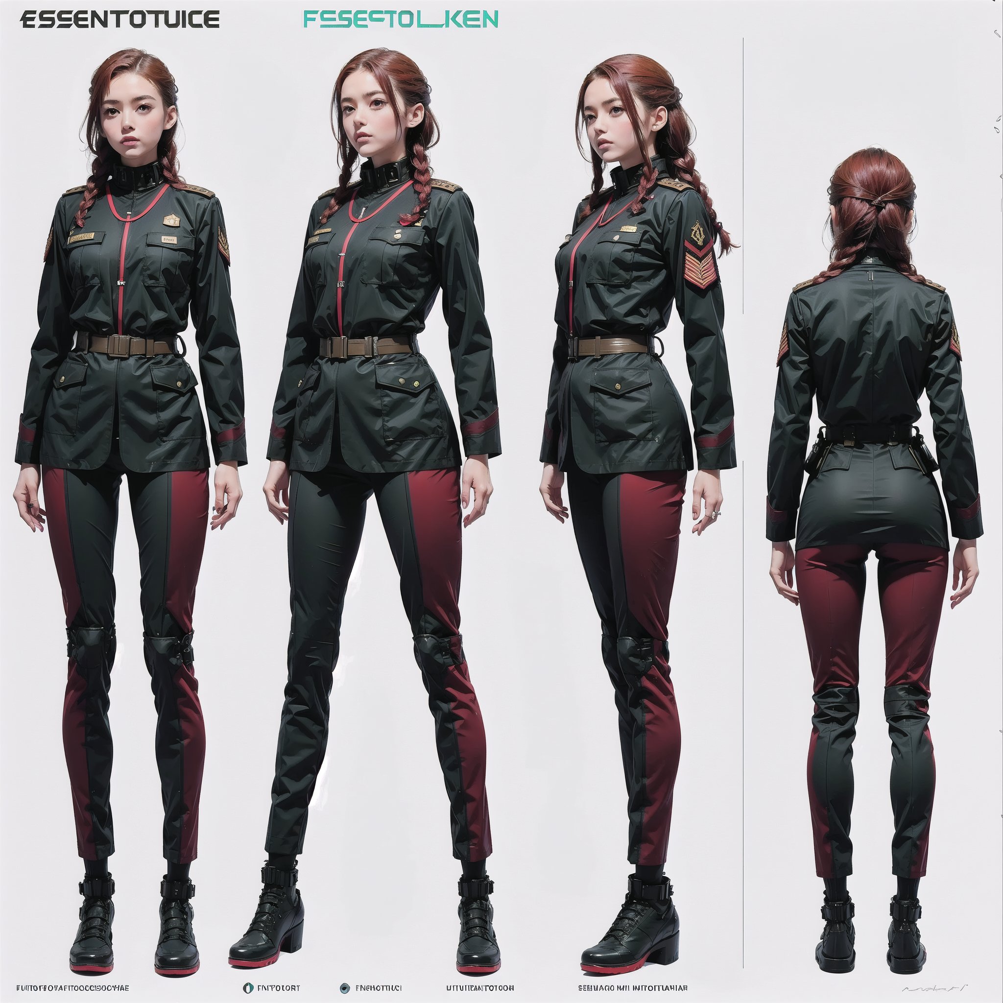 1girl, (wearing white-red futuristic senior officer military uniform:1.4), (full_body shot:1.3), (side view:1.2), (character sheet:1.4), 
BREAK, braided red hair, european, slender,
BREAK, soothing tones, muted colors, high contrast, natural skin texture, hyperrealism, soft light, sharp,
BREAK, perfect eyes, hand, perfect fingers, Realistic, 
BREAK, white background,